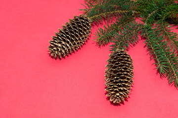 Natural spruce tree branch with a fir cone and Christmas decorations on a red background. Merry christmas and New Year. A minimalist composition, celebration and giving gifts. Copy space, flat lay.