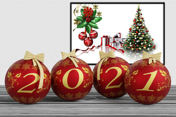 Illustrazione 3D. Anno nuovo 2021. Capodanno 2021 in numeri e con decorazione natalizia..