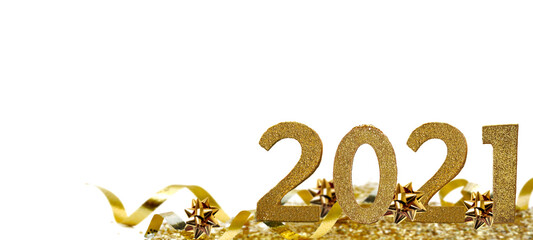 2021 golden figures standing in ribbon and confetti on white background