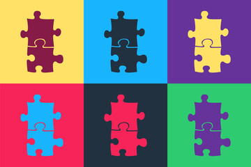 Pop art Piece of puzzle icon isolated on color background. Business, marketing, finance, template, layout, infographics, internet concept. Vector.