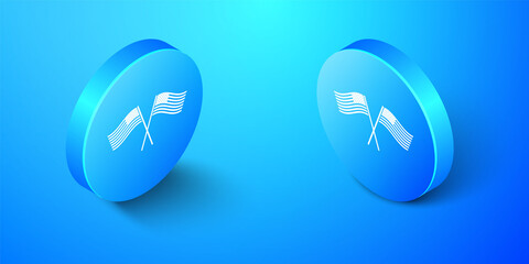 Isometric Two crossed American waving flags icon isolated on blue background. National flag of USA. The United States of America flag. Independence day. Blue circle button. Vector.