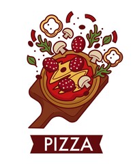 Pizza Italian cuisine dish on wooden cutting board cooking