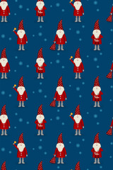 Seamless pattern Nisse Santa Claus scandinavian folk style, in red fur coat isolated on white background, illustration for fabric, textile, wrapping paper or web