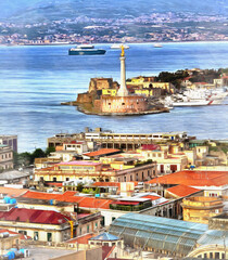 Cityscape and strait of Messina colorful painting looks like picture