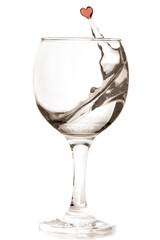 Wineglass with water transparent beverage red heart shape splash isolated on white background  retro style