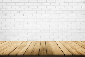 Empty wooden table top on white brick wall background, Design wood terrace white. Perspective for show space for your copy and branding. Can be used as product display montage. Vintage style concept.