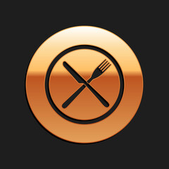 Gold Crossed fork and knife on plate icon isolated on black background. Restaurant symbol. Long shadow style. Vector.