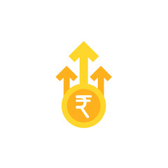 rupee growth vector icon. gold dollar coin with three up arrows.