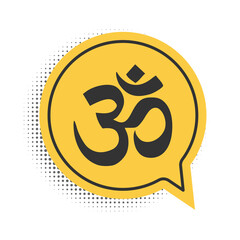 Black Om or Aum Indian sacred sound icon isolated on white background. The symbol of the divine triad of Brahma, Vishnu and Shiva. Yellow speech bubble symbol. Vector.