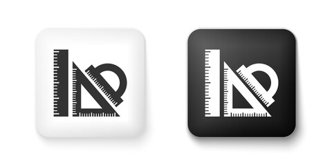 Black and white Set ruler, triangular ruler and protractor icon isolated on white background. Straightedge sign. Triangle sign. Geometrical instruments. Square button. Vector.