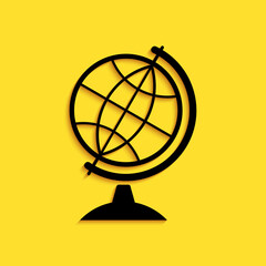 Black Earth globe icon isolated on yellow background. Long shadow style. Vector.