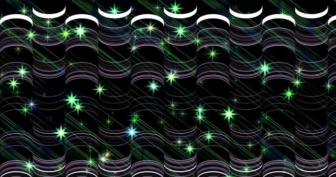 From right to left, glowing wavy lines of magenta, green and light shades move against a dark background with twinkling stars and lines of green and blue rotating in space
