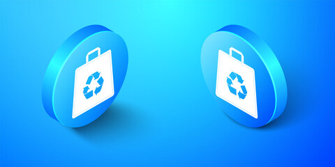 Isometric Paper shopping bag with recycle icon isolated on blue background. Bag with recycling symbol. Blue circle button. Vector.