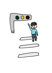 車両用信号/黄色信号と横断歩道を手を挙げて渡る子供