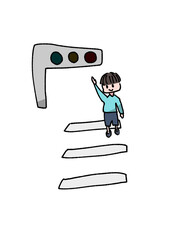 ブラックアウト/停電で故障した車両用信号と横断歩道で手を挙げる子供