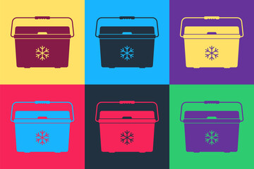 Pop art Cooler bag icon isolated on color background. Portable freezer bag. Handheld refrigerator. Vector.