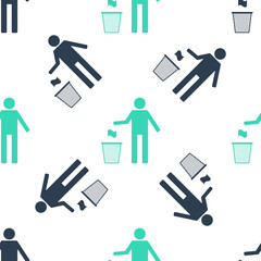 Green Man throwing trash into dust bin icon isolated seamless pattern on white background. Recycle symbol. Trash can sign. Vector.