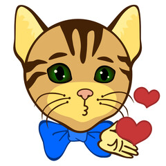 young cat blows a kiss, color clip art on white isolated background with hearts