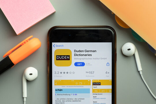 New York, United States - 7 November 2020: Duden German Dictionaries app store logo on phone screen, Illustrative Editorial