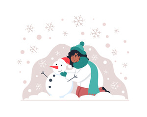 Woman sculpts a snowman, vector illustration for a greeting card in flat style