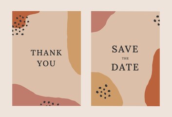 Abstract wedding invitation cards. Save the date celebration online design organic shapes boho contemporary style. Vector illustration
