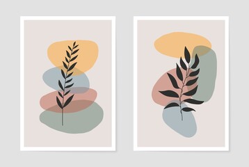 Botanical wall art posters. Abstract shapes boho foliage for decor cards wallpaper cover print, minimal vector contemporary style