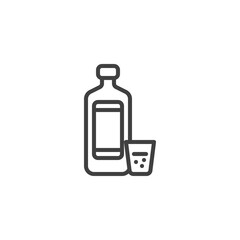Tequila shot and bottle line icon. linear style sign for mobile concept and web design. Tequila bottle and glass outline vector icon. Symbol, logo illustration. Vector graphics