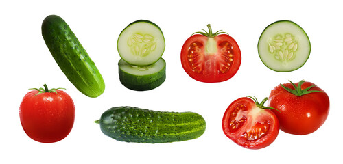 Big set of whole vegetables and pieces of cucumber and tomato isolated on white background. Images for packaging design of cosmetics, organic farm products, preservation, detox drinks, juices.