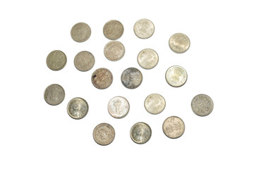 Stock pile of Indian 5 rupee metal coin currency isolated on white background. Financial, economy, Banking and exchange investment concept. 5 rupee coin highlighted.
