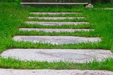 Pedestrian path from old stone slabs on a green lawn. Landscaping concept. Close-up, selective focus, shallow depth of field