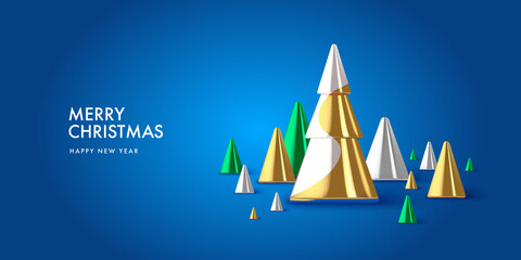 Christmas background in 3d realistic vector design. Abstract xmas tree with gifts, balls and spruce cones. Happy new year card illustration. Web banner template layout.