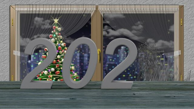 Filmato. Illustrazione 3D. Anno nuovo 2021. Capodanno 2021 in numeri. Il 2020 esplode e si forma il 2021..