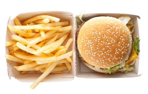 Top View Of A Hamburger And French Fires Isolated On White Background.