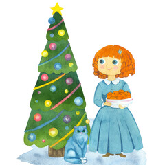 Christmas card with a red-haired girl at the tree.