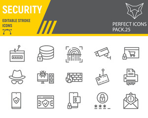 Security line icon set, network protection collection, vector sketches, logo illustrations, security icons, cyber security signs linear pictograms, editable stroke.