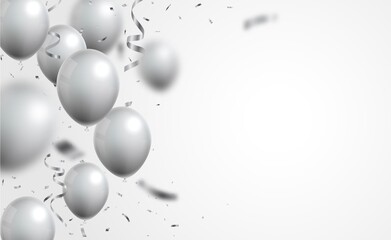 silver balloons and confetti on white background