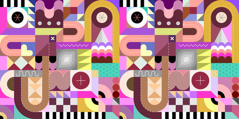 Seamless geometric vector pattern with different shapes and decorative elements. Abstract multicolor background.