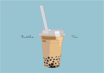 Vector Illustration of Pearl / Bubble Milk Tea in Plastic Cup with Straw