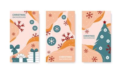 Set of Christmas posters with stylized gifts, tree and balls. Flat graphic design of Stories in pastel colors. Place for text. Vector illustration