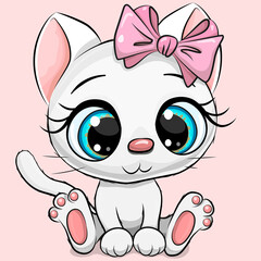 Cartoon white kitten on a pink background
