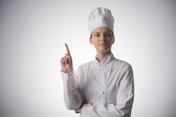 Chef woman. Isolated on gray background