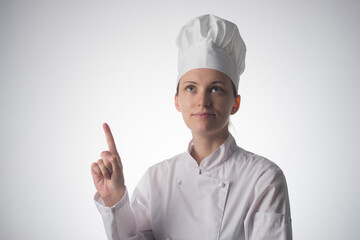 Chef woman. Isolated on gray background