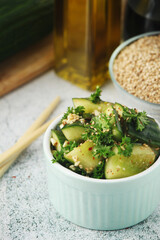 Smashed cucumbers salad, a dish of national Chinese cuisine