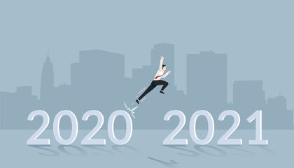 Businessman jumping on year 2021 concept. New plan and resolution in business and career vector illustration