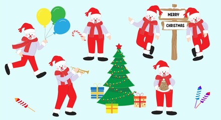 stock vector cute stylish snowman in various poses cartoon illustration