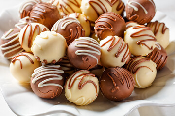 Chocolate truffles balls on a white platter