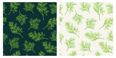 Dill seamless herbs pattern. Colorful sketch cartoon doodle style.