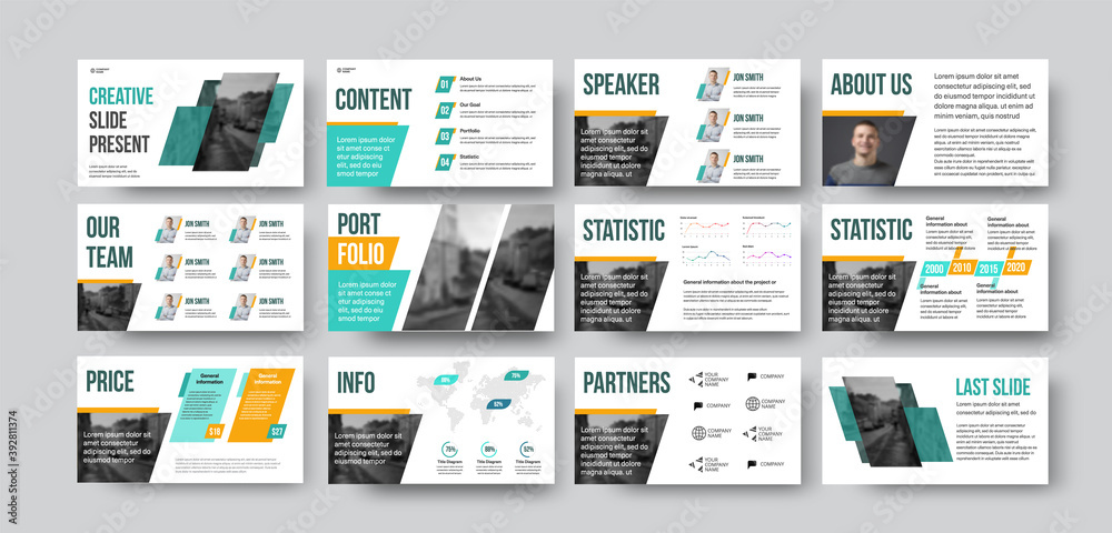 Poster presentation slide for annual report in green, orange color with geometric illustration.