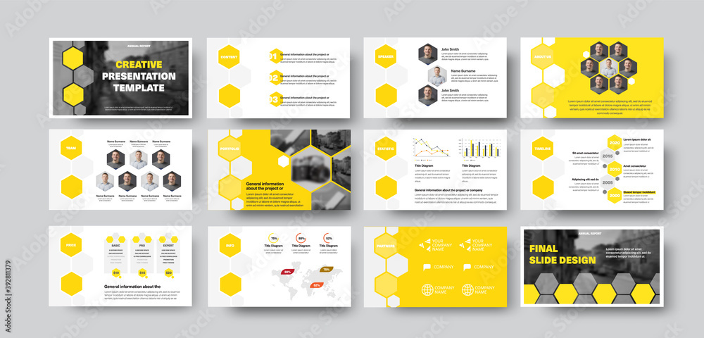Poster vector infographic template with hexagons, photos, presentation slide with yellow design.