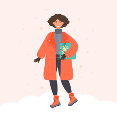 Positive young woman in winter clothes holding present at festive season shopping. Cartoon female character carrying of gift box. Colored festive person. New year, Christmas. Vector flat illustration.